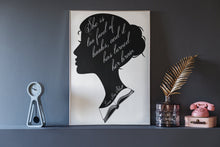 Load image into Gallery viewer, She Is Too Fond Of Books Literary Art Print  Louisa May Alcott Quote Female Silhouette Wall Decor Gift For Reader Bookish Typography Poster