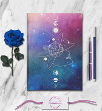 Load image into Gallery viewer, Personalized Notebook Spiritual Universe Goddess Journal Manifestation Sun Moon Stars Dream Journal Celestial Intentions Customize The Spine