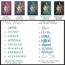 Load image into Gallery viewer, Spiritual Hamsa Hand Personalized Spell Notebook Custom Book of Shadows Customized Magical Evil Eye Journal Witchy Manifestation Journal