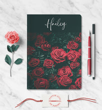 Load image into Gallery viewer, Red Roses Personalized Name Notebook Custom Garden Journal Customized Floral Botanical Thoughts Dream Diary 2023 Adventure Travel Journal