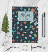Load image into Gallery viewer, Outer Space Personalized Name Notebook Custom Kids Galaxy Journal Customized Gift for Son Astronaut Rocket Ship Planets Galaxy Universe Book