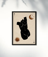 Load image into Gallery viewer, Spiritual Feminine Art Print Floral Woman Body Wall Art Abstract Boho Moon Sun Female Art Mid Century Modern Art for Home Spiritual Her Gift