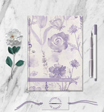 Load image into Gallery viewer, Purple Flowers Personalized Name Notebook Custom Violet Rose Idea Journal Customized Floral Botanical Plant Diary Womens Travel Journal