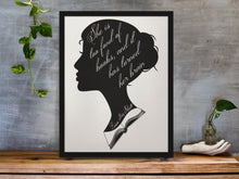 Load image into Gallery viewer, She Is Too Fond Of Books Literary Art Print  Louisa May Alcott Quote Female Silhouette Wall Decor Gift For Reader Bookish Typography Poster
