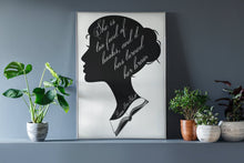 Load image into Gallery viewer, She Is Too Fond Of Books Literary Art Print  Louisa May Alcott Quote Female Silhouette Wall Decor Gift For Reader Bookish Typography Poster
