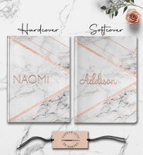 Load image into Gallery viewer, Personalized Notebook Custom Dream Journal Customized Wedding Gift Rose Gold Marble Gratitude Intention Meditation Journal Her Daily Planner
