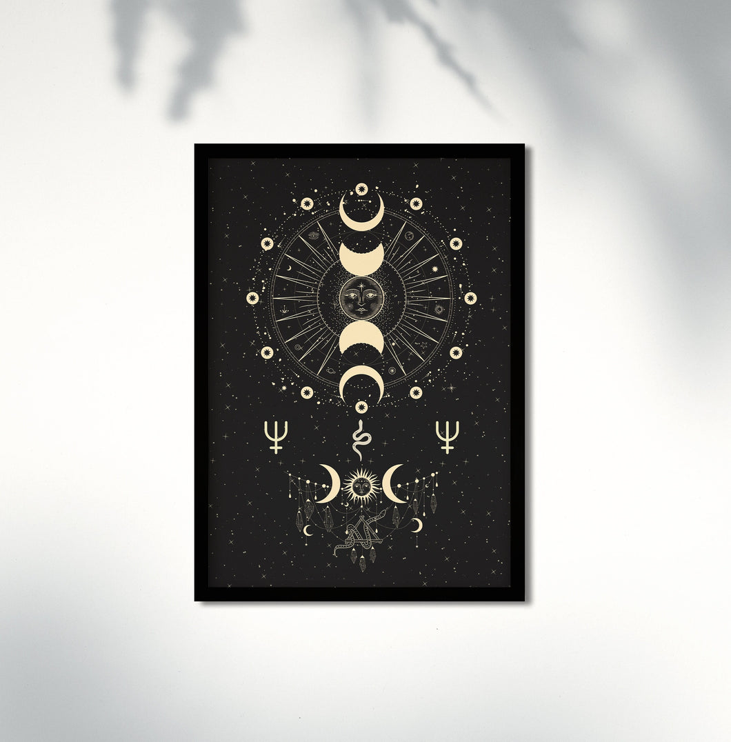 Moon Phase Art Print Spiritual Snake Wall Hangings Crystals Stones Witchy Art for Bedroom Universe Stars Third Eye Gift for Home Night Sky