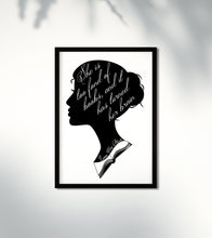 Load image into Gallery viewer, She Is Too Fond Of Books Literary Art Print  Louisa May Alcott Quote Female Silhouette Wall Decor Gift For Reader Bookish Typography Poster
