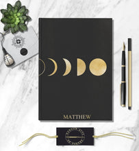 Load image into Gallery viewer, Moon Phase Personalized Name Notebook Custom Travel Journal Customized Dream Diary Celestial Space Universe Journal Astrology Astronomy Gift
