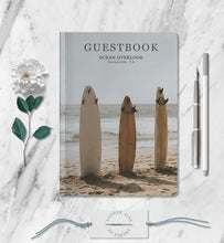 Load image into Gallery viewer, Surfboard Personalized Guestbook Custom Vacation Home Guest Book Customized Beach Waves Getaway Notebook Sea Travel Rental Memory Journal
