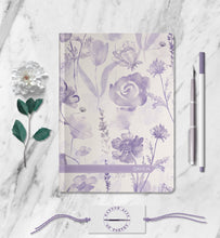 Load image into Gallery viewer, Purple Flowers Personalized Name Notebook Custom Violet Rose Idea Journal Customized Floral Botanical Plant Diary Womens Travel Journal
