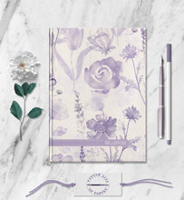 Load image into Gallery viewer, Purple Flowers Personalized Name Notebook Custom Violet Rose Idea Journal Customized Floral Botanical Plant Diary Womens Travel Journal
