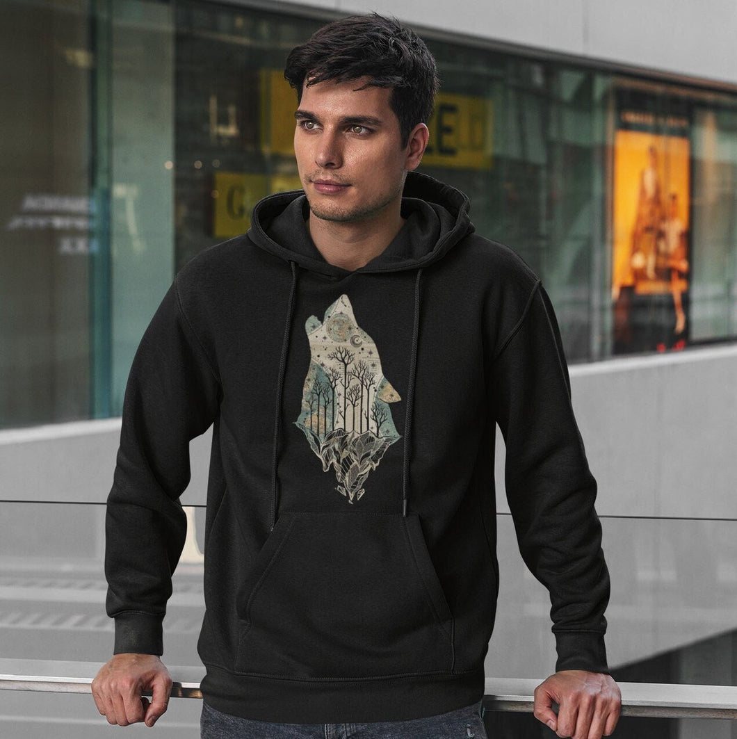 Wolf Forest Map Hoodie Mens Graphic Sweatshirt Nature Adventure Male Camping Hiking Hoodie Animal Wilderness Wildlife Hoodie Gift For Him